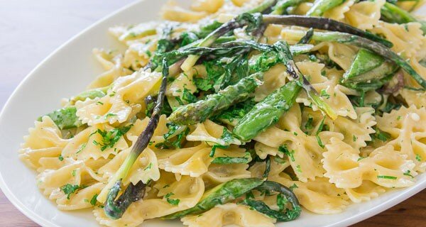 Simple Pasta Primavera recipe with asparagus, snap peas, and ramps.